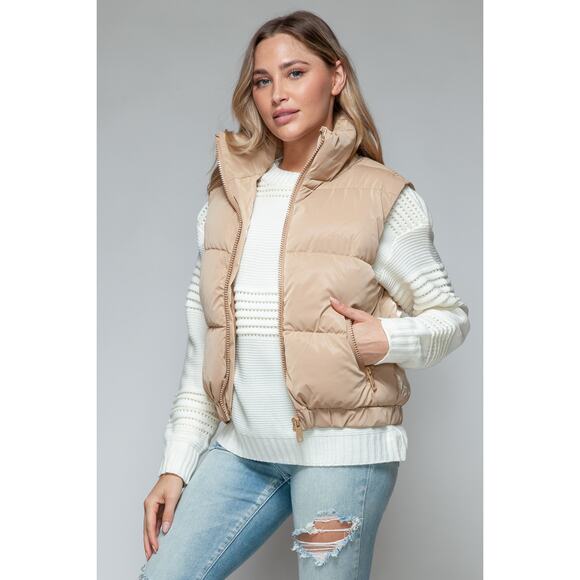 SNOBBISH Iced Coffee Tan Fine Fur Lining Quilted Puffer Vest Full Zip Misses NEW - Picture 1 of 9